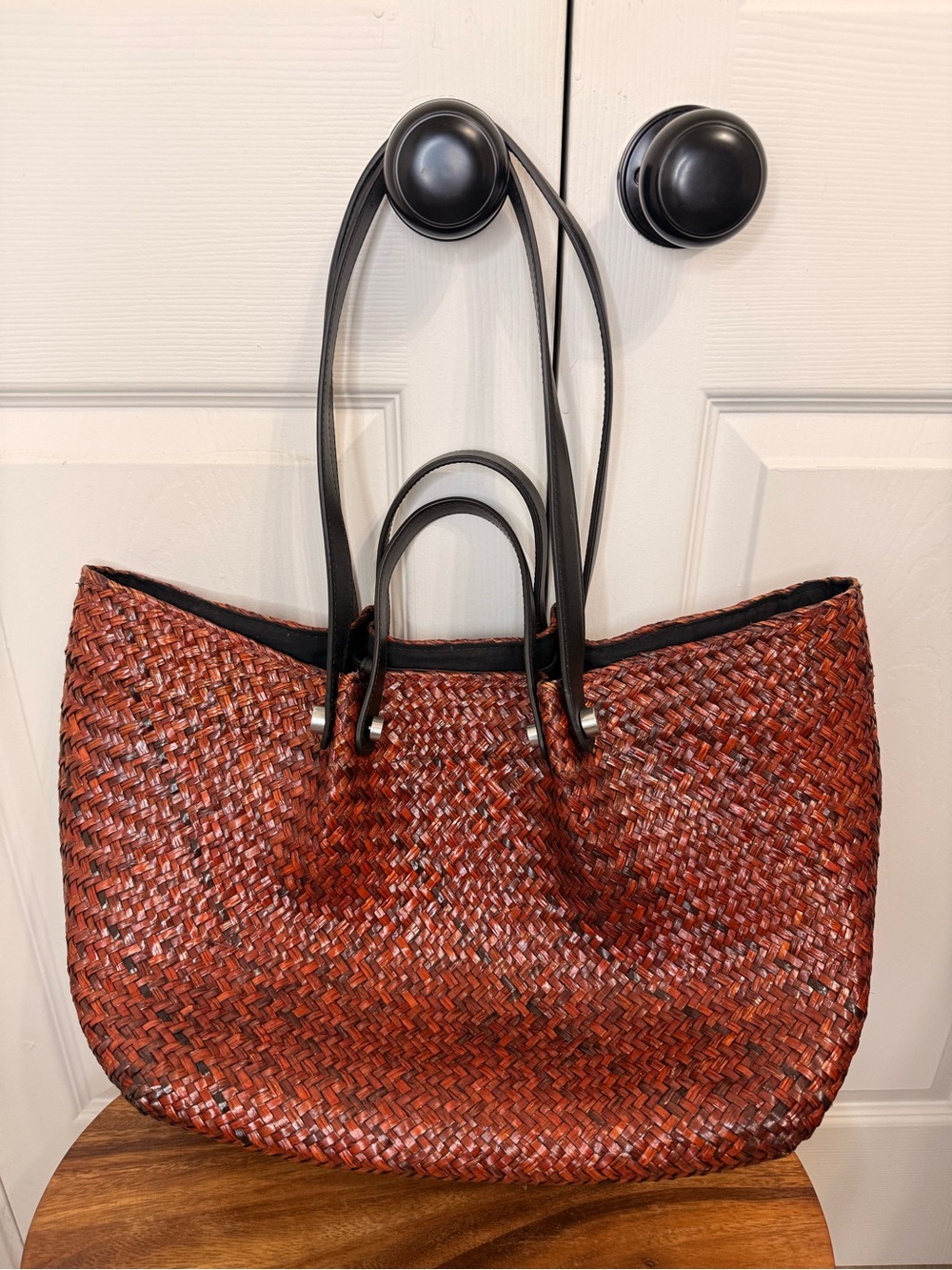 AllSaints Allington Straw Tote Bag in Peat Brown Burgundy - Like New!